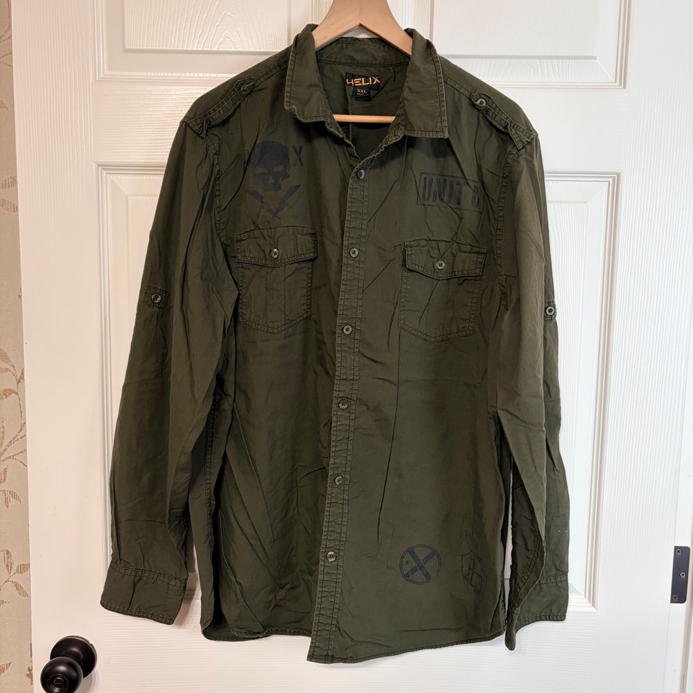 Helix Mens XXL Olive Green Military Utility Graphic Button Down Shirt Skull